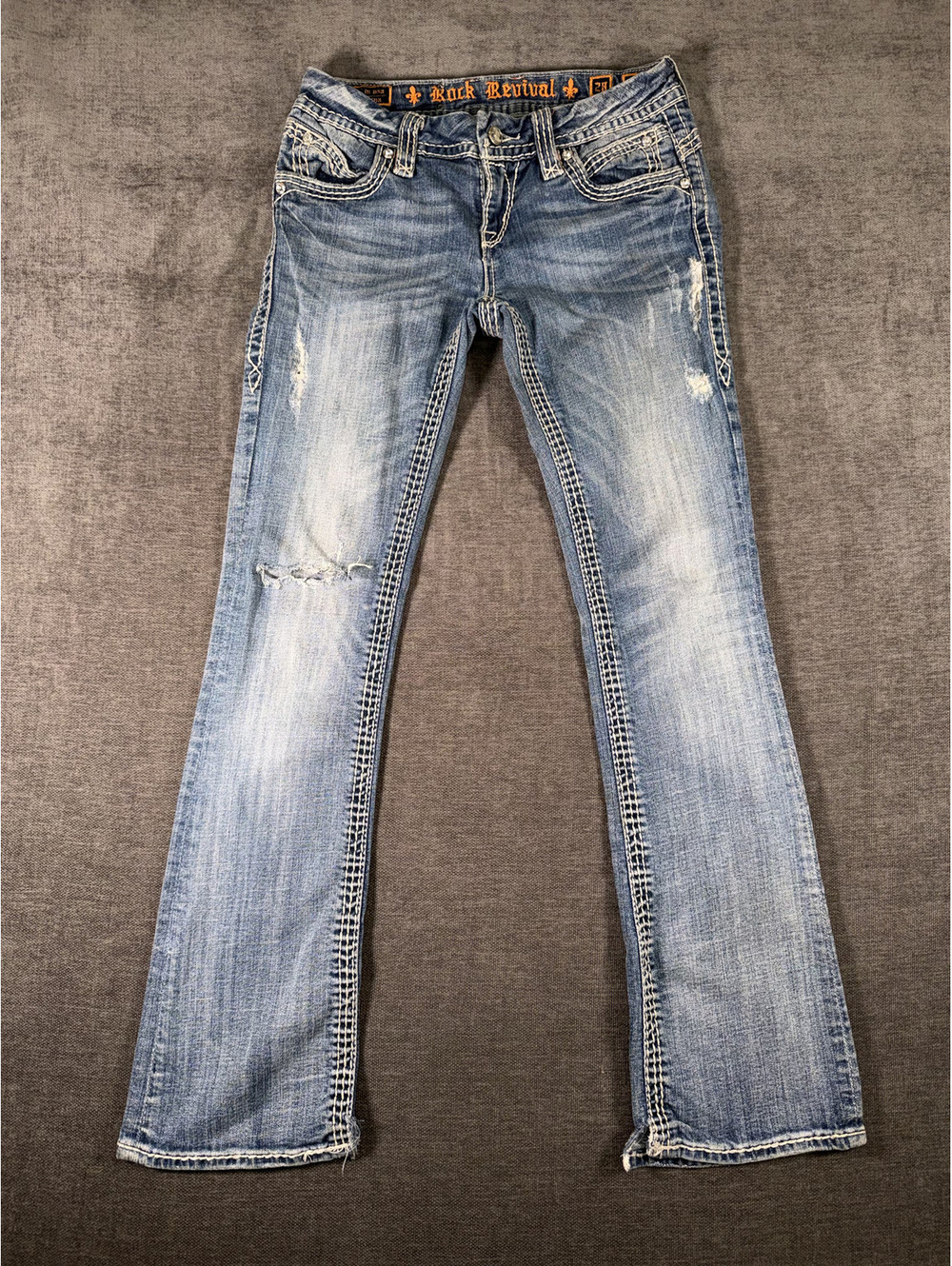 Rock Revival Women's Distressed Light Blue Bootcut Jeans Size 28